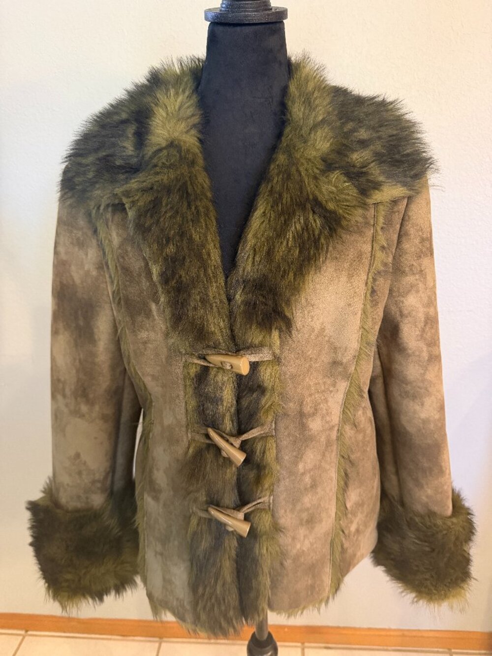 Montana Co Faux Suede Jacket Small Olive Faux Fur Trim Toggle Western Y2K